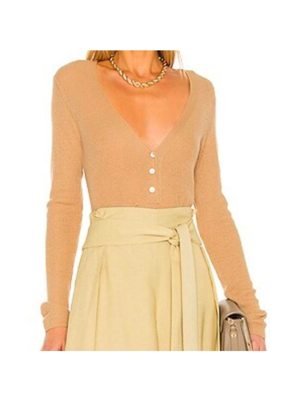 Vince Cashmere V-neck Henley Sweater in Pale Walnut